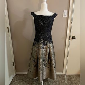 Kay Unger New York Metallic Off-the-Shoulder Short-Sleeve Midi Cocktail Dress